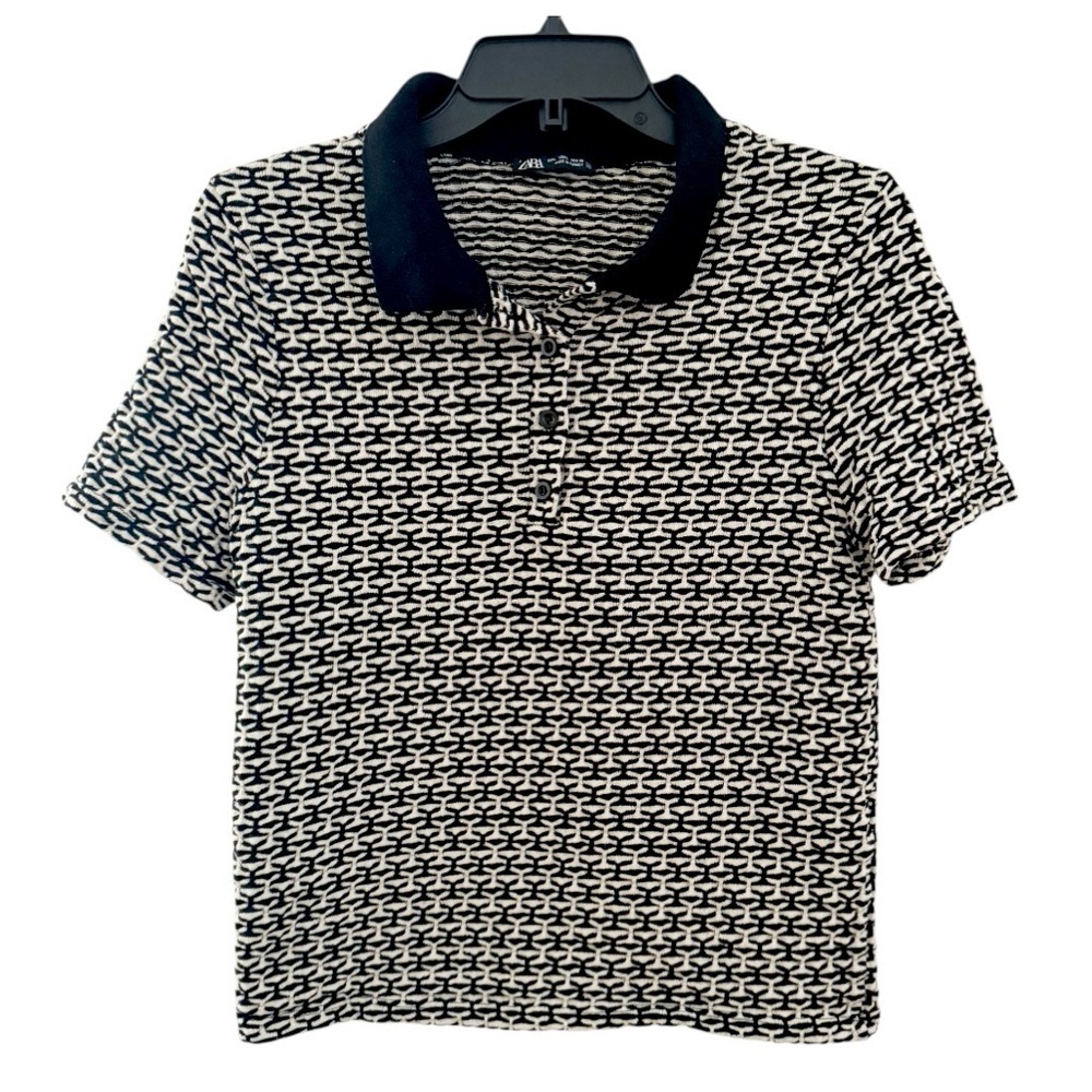 Zara Black and White Patterned Polo Short Sleeve Sweater Size Large